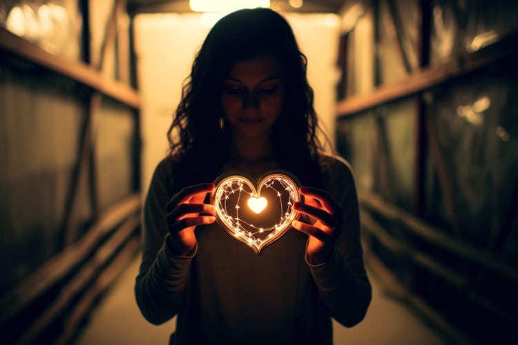 Woman holding heart-shaped light