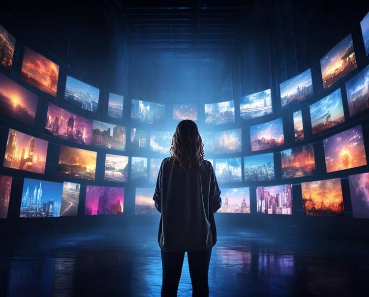 Woman standing in front of a curved virtual user interface of screens